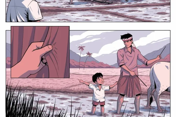 A young Tabu Ram Taid begging his father (who was ploughing at the time) to take him to Lakhimpur to study in a town.