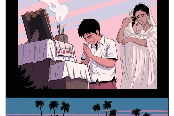 His father passed away when he was 12 years old (Illustration of the burial ceremony).