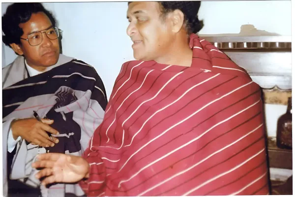 Prof Taid and Dr Bhupen Hazarika discussing the script of Miri Jiori.