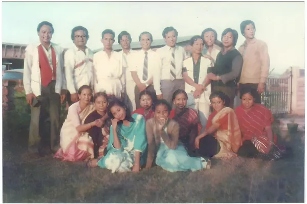 A 1986 photograph of Prof Taid with his fellow musicians after recording Asi Jili Jiliko, the first Mising audio album on LP record.