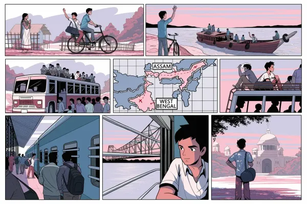 Illustration of the arduous journey of Prof. Tabu Ram Taid from his village to Kolkata.