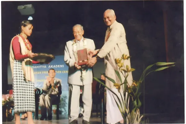 Prof Taid receiving the Bhasha Samman Award from the Sahitya Akademi in 2010.